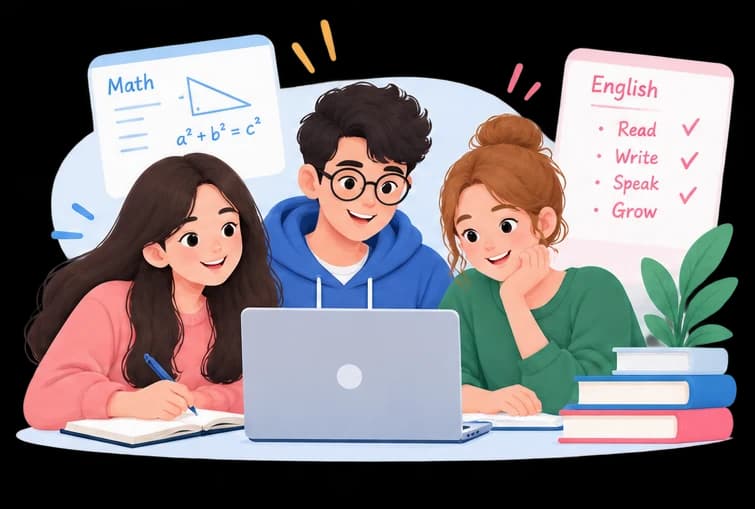 Illustration of three learners exploring Mathematics and English together around a laptop.