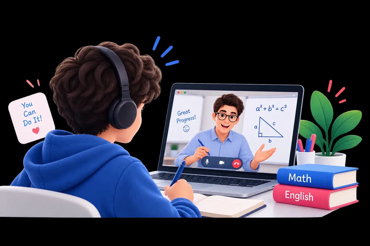 A student in headphones learning with a teacher online, with Mathematics and English books beside the laptop.
