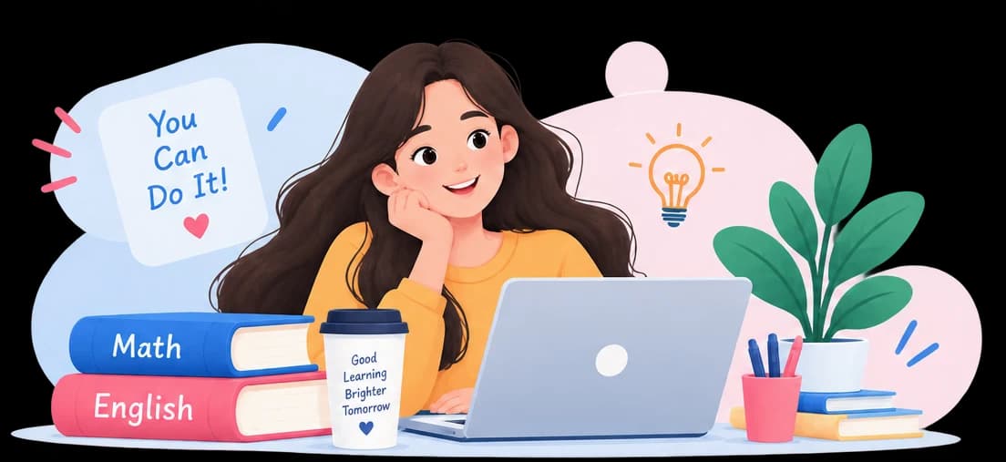Illustration of a learner at a laptop with Mathematics and English books.