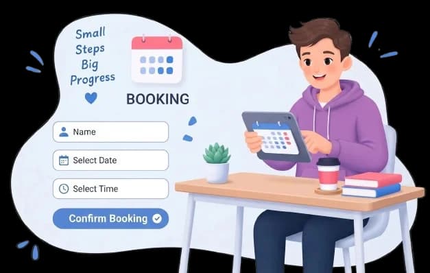 Illustration of a learner with a laptop and a simple booking checklist.